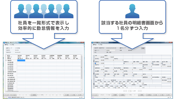 複数人を一括入力する画面と、1名分ずつ入力する画面を比較した図